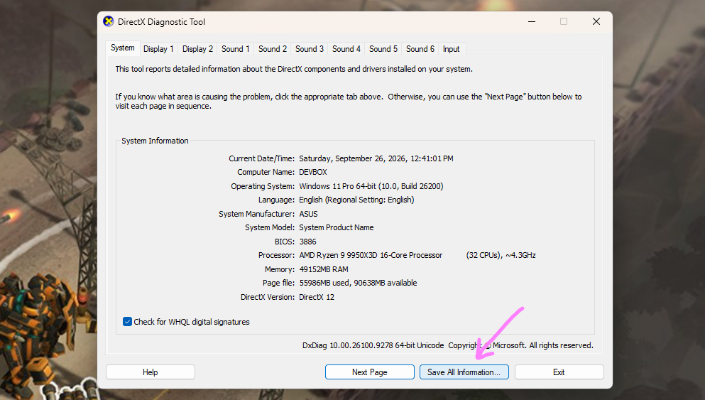 The DirectX Diagnostic Tool window with the Save All Information button at the bottom.
