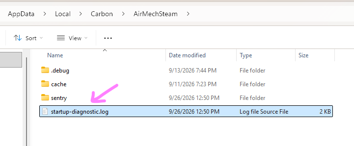 The AirMechSteam folder showing the startup-diagnostic.log file.