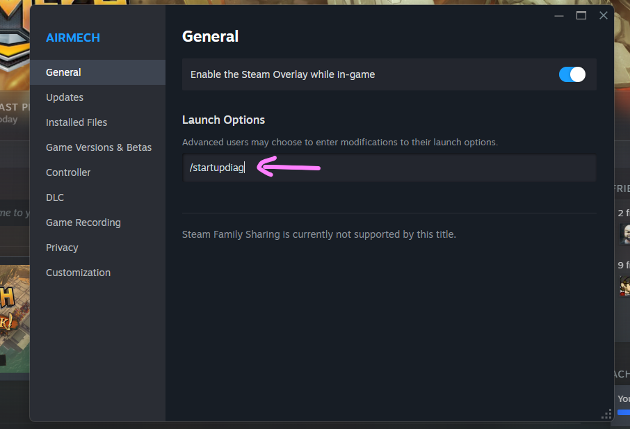 The General tab of the AirMech properties window with /startupdiag typed into the Launch Options box.