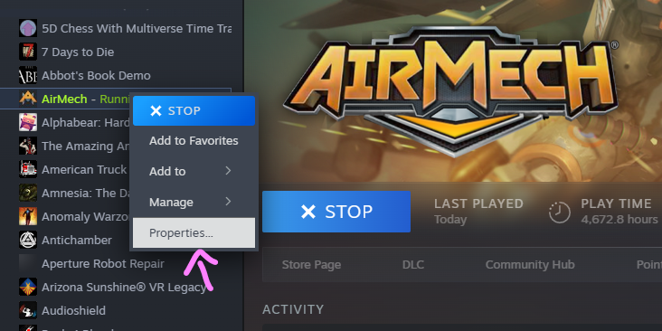 The Steam library with AirMech right-clicked and Properties highlighted in the menu.