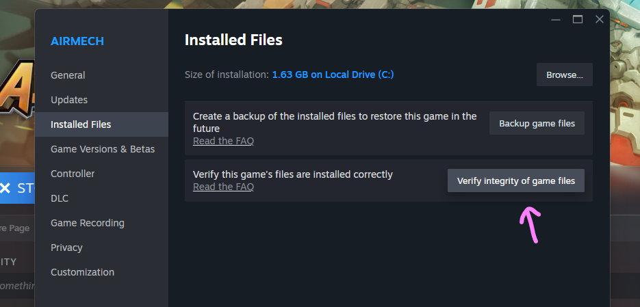 The Installed Files tab of the AirMech properties window with the Verify integrity of game files button.